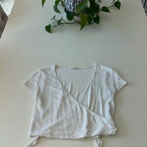 Reformation Cream Ribbed Wrap Blouse